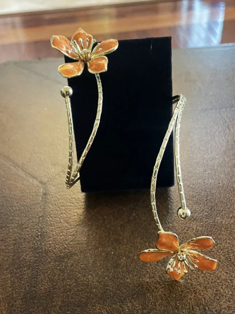 Boho Orange Enamel Flower Arm & Ankle Cuff Bracelet | Adjustable - Picture 5 of 13